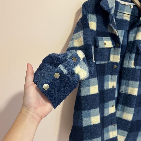 Soft Surroundings Dealto Jacket Sherpa Blue White Plaid Pockets Snap Front Sz L - Picture 5 of 8